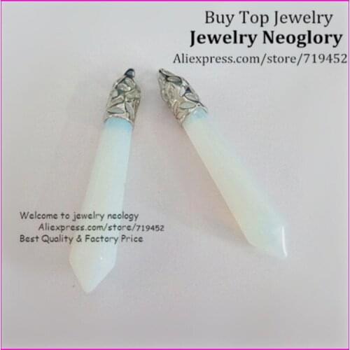 10PCS Natural Opal Opalite Gems Long Point Pendulum Pendant with Cap,Hexagon Healing Crystal Quartz Wand Pendant