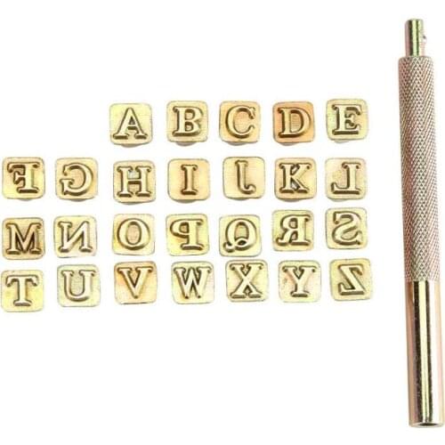 26pcs Wood Leather Punching Stamp Set Carbon Steel Metal Alphabet Stamps A-Z Letter with Handle Leather Tools Leathercraft