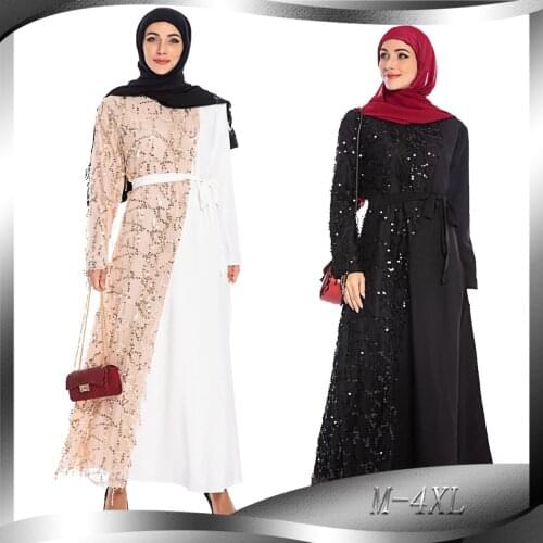 BianFeng Womens Elegant Fashion Patchwork Sequin Muslim Abaya Dress Ramadan Robe Long Sleeve Plus Size Dress