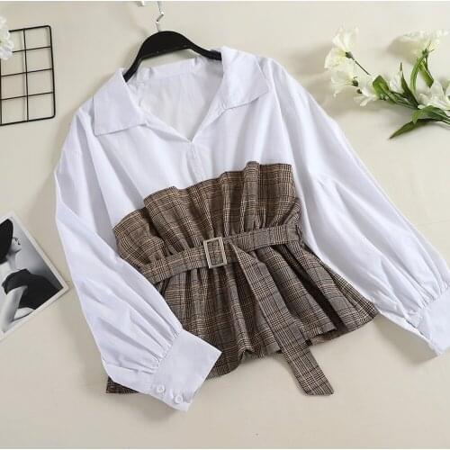 Women Shirt Autumn New Korean Fashion Turn Down Collar Plaid Patchwork Slim Sashes Long Sleeve Blouse G1178