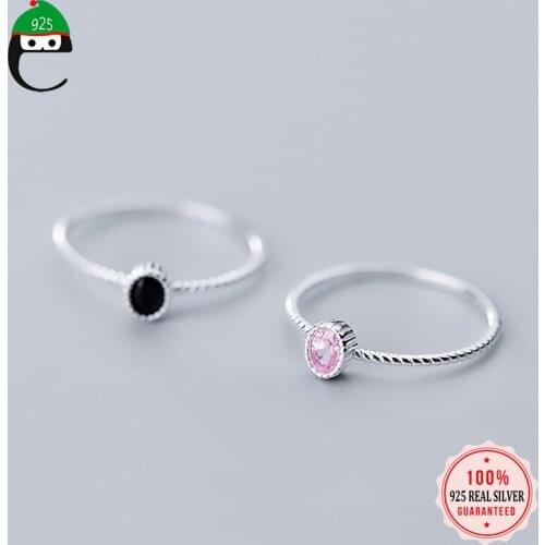 ElfoPlataSi Real 925 Sterling Silver Ellipse Twist Pink Black CZ Finger Ring For Women Wedding Birthday Fine S925 Jewelry DT67