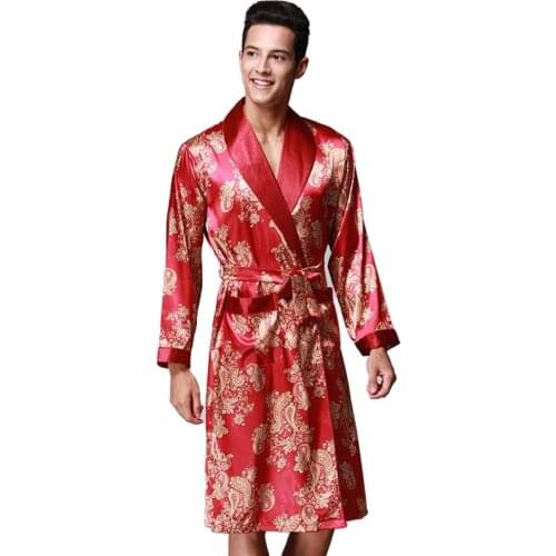New Summer Luxury Paisley Pattern Men Bathrobe Kimono Robes V-neck Faux Silk Male Sleepwear Nightwear Man Satin Sleepwear