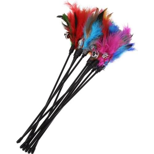 Cat Kitten Pet Toy Colorful Feather Short Rod Interactive Stick Bell Toy Chaser Wand