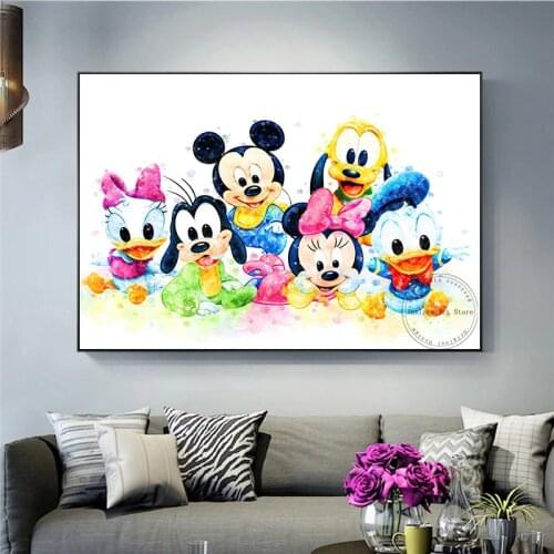 Watercolor Disney Mickey Mouse Donald Duck Anime Canvas Painting Poster and Prints Cartoon Wall Art for Kids Room Decor Pictures