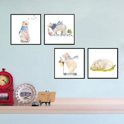 Cartoon Bear Bunny Canvas Painting Cute Animal Scooter Poster Living Room Decoration Painting Childrens Room Wall Art Pictures