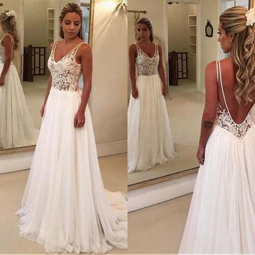 Beautiful V-Neck Chiffon Wedding Dresses Sexy Backless A-Line Bridal Gowns Illusion Bodice 2019 Vestidos De Noiva