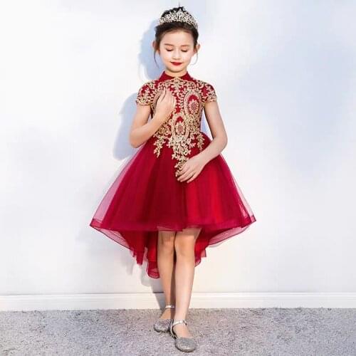 Girls Red Lace Appliques Wedding Dresses Long Trailing Lace Evening Party Princess Birthday Dress First Communion Gown for Kids