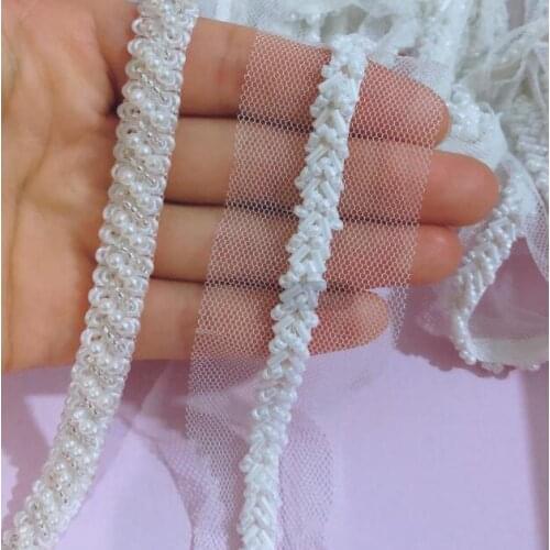 5Yards White Beading Pearl Trims Beaded Ribbon For Sewing Clothing Collar Headdress Accessories Mesh Braided Lace Decoration