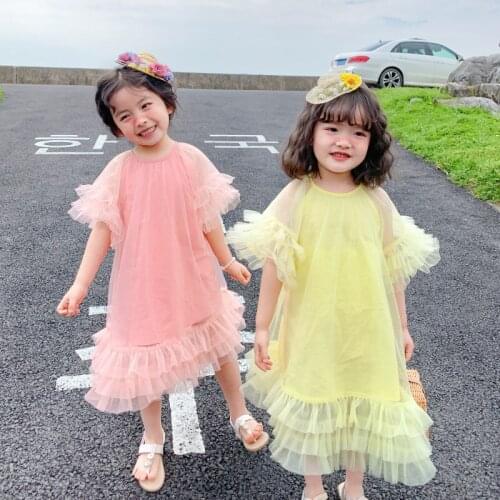 Summer New Arrival korean style girls dress princess short sleeve long party bubble dress for cute sweet baby girls