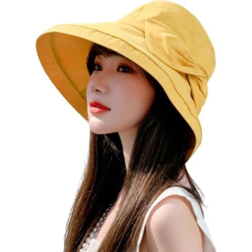 Summer Women Bucket Cap Solid Color Bowknot Wide Brim UV Protection Summer Sun Hat Summer Strandreis шляпа женская летняя