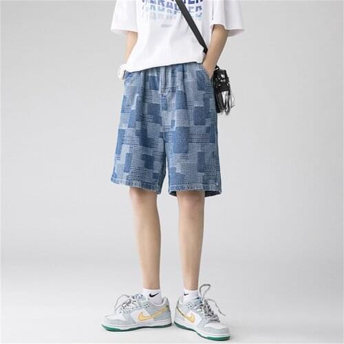 Summer Mens Cowboy Shorts Men Street Fashion Retro Jacquard Splicing Shorts Casual Shorts