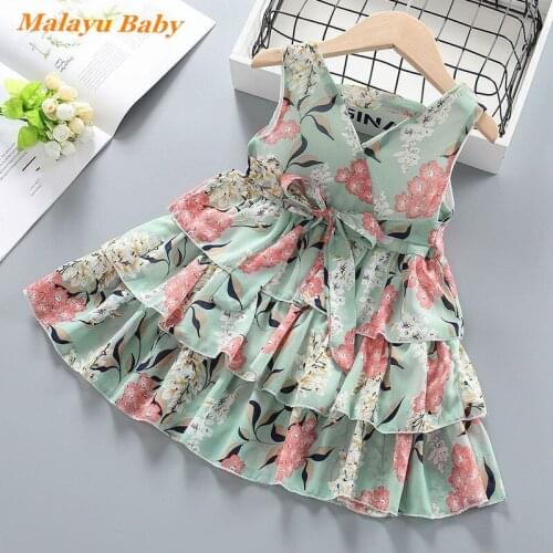 Malayu Baby Girls Dresses 2021 New Summer Chiffon Flowers Children Princess Dress Sleeveless V-Neck Cute Cake Dresses 2-6 Years