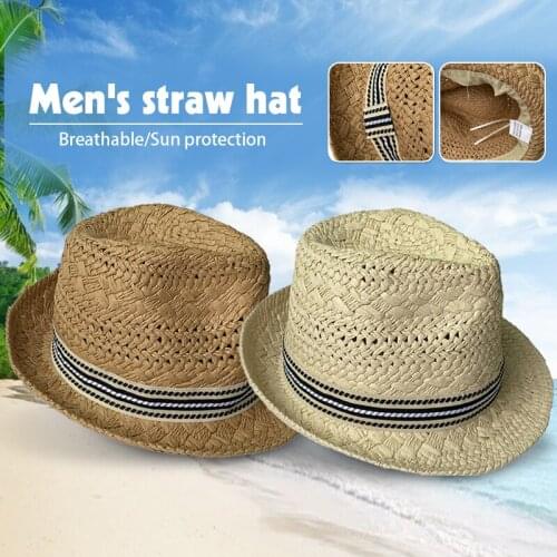 Mens Straw Trilby Fedora Hat Natural Straw Cowboy Hat Summer Travel Sun Hat Beach Cap Jazz Hat