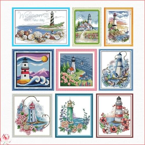 Joy Sunday Lighthouse Cross Stitch Kit 14ct 11ct Printed Fabric Embroidery Kit DIY Handmade Needlework Home Decoration Craft