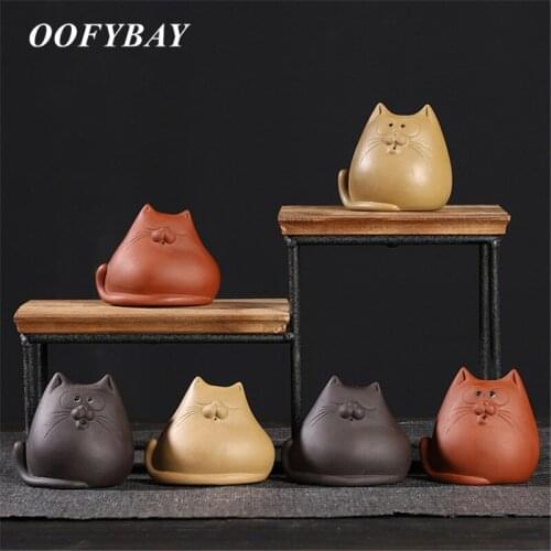 Raw Ore Purple Clay Tea Pet Cute Cartoon Mini Tea Table Cat Ornaments Ceramic Handmade Animal Statue Home Decoration Furnishings