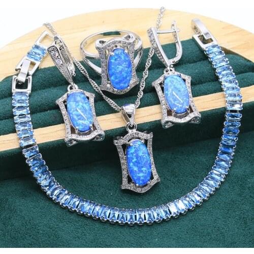 New Arrivals Blue Opal 925 Sterling Silver Jewelry set for Women Bracelet Earrings Necklace pendant Ring Christmas Gift