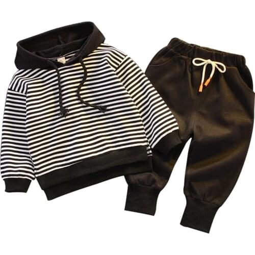 Baby boy clothes 0-5 years old spring and autumn cotton suit striped casual childrens hooded sweater baby two-piece suit
