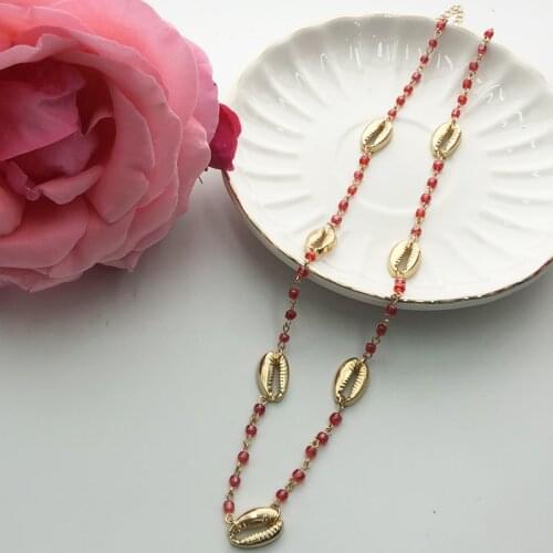 Fashion Handmade Jewelry Daily Wearing Necklace Casual Red Beads Alloy Material Shell Gold Color Chain Necklace Women Accessory