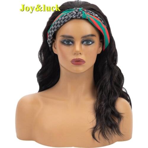 Synthetic Headband Wig Long Natural Wave Black Wigs For African Woman Colorful Turban Link Wavy Fake Hair Daily Or Party Use