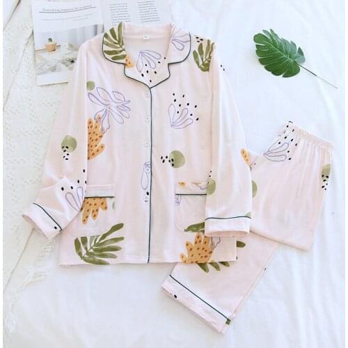 Knitted Japanese Womens Pajamas Spring Big Leaves Fresh Home Clothes Cotton Comfortable Micro-elastic Home Suit Pijama Familiar