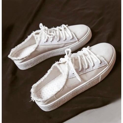 Half-drag Canvas Womens Shoes Korean Wild No Heel Lazy Summer White Shoes