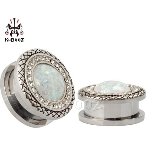 KUBOOZ Fashion Stainless Steel White Opal Border Ear Piercing Tunnels Plugs Gauges Body Jewelry Ear Expanders Stretchers 2PCS