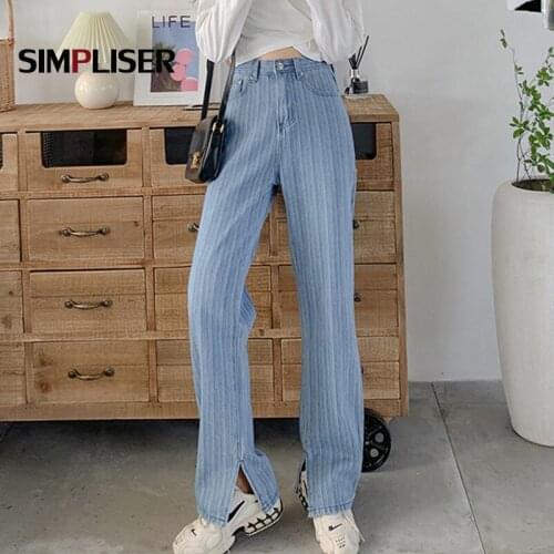 Split Jeans Women 2021 Summer Soft Female Straight Jeans Pants Denim Blue Female High Waisted Jeans Long Femm Jeans Pantalon