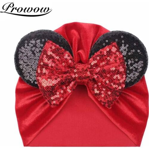 Prowow 2020 Newborn Baby Hats Elastic Lovely Minnie Ear Deco Beanie Hat For Baby Girl Hair Accessories Bow Baby Turban Hats