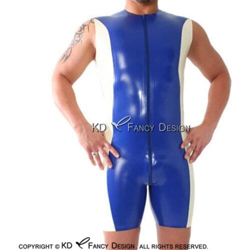 Blue And White Trims At Two Sides Sexy Latex Catsuit Front To Back Crotch Zipper Rubber Body Suit Bodysuit Zentai LTY-0166