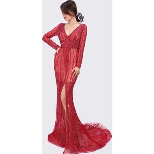 Luscious Delia 2021 Dubai Red V-Neck Luxury Sexy Sequined Beading Mermaid Evening Dresses For Women Party