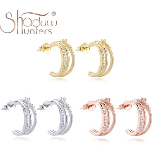 SHADOWHUNTERS 925 Sterling Silver C-shape Three Rows Stud Earrings With CZ Romantic Piercing For Women Wedding Jewelry Wholesale