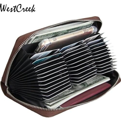 WESTCREEK Brand Vintage Real Split Leather RFID Blocking Credit Card Case ID Holders Large Capacity Clutch Phone Purse