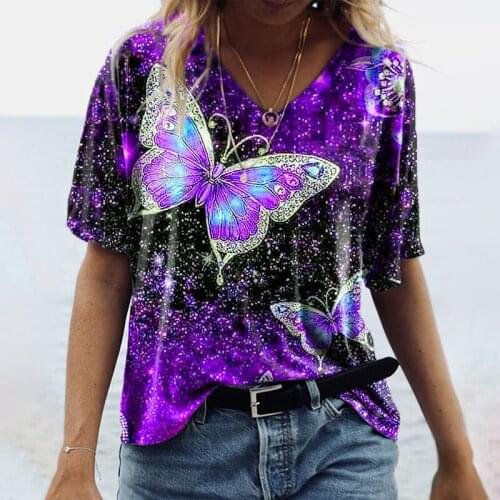 Butterfly Tshirt Summer Sexy V-neck Short Sleeve 90s Sparkle T Shirt Casual Loose Pullover Tops Plus Size T Shirt for Women 5XL