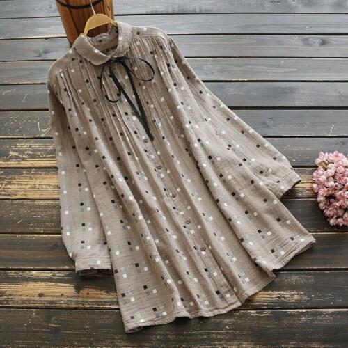7298 New Autumn Women Long Shirt Literary vintage Plaid Long Sleeve Peter Pan Collar Loose Casual Women Blouse