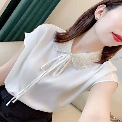 2021 Women Runway Silk Blouse Summer New Fashion Beading Collar Casual Hot Sale Shirt Vintage Top