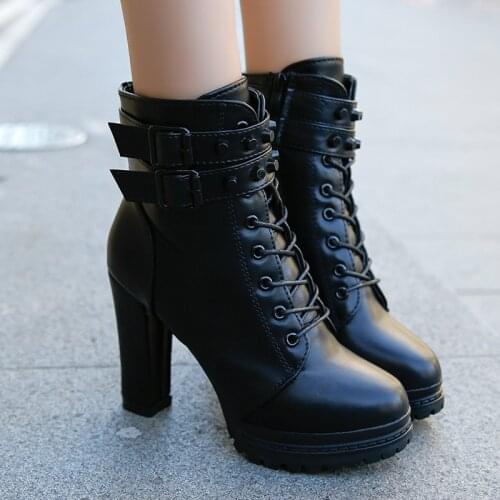Womens Lace Up High heels Woman Metal rivet Female Footwear Ladies Shoes Women Platform Motorcycle Ankle Boots Large size