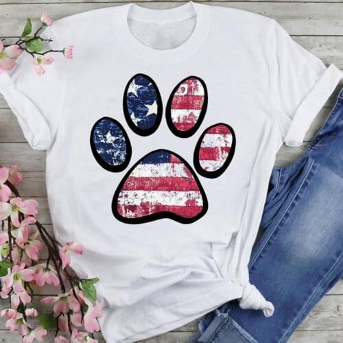 Women Graphic 90s Flag Dog Paw Lovely Cartoon Summer Fashion Female Clothes Print Short Sleeve Tops Tees Tshirt T-Shirt