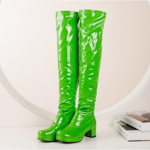 2021 Women Green Yellow 5cm Block High Heels Long Boots Winter Over The Knee Boots Designer Glossy Leather Thigh High Boot shoes