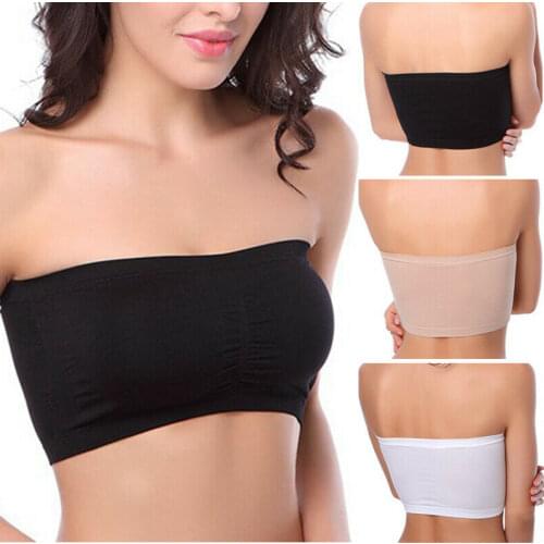 Womens Casual Seamless Strapless Non-Padded Plain Tube Top Bandeau Bra Black White Beige