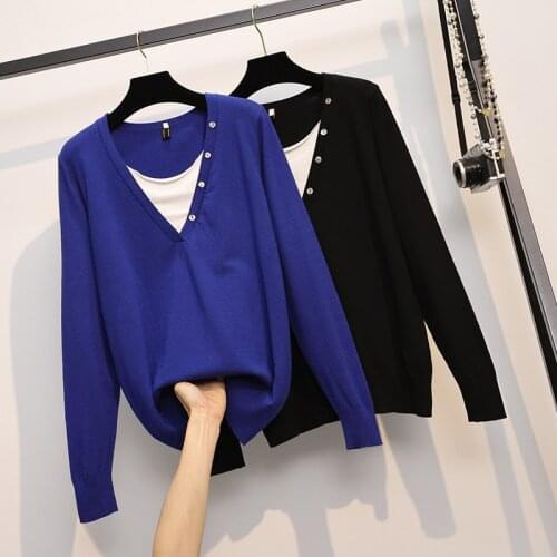 Black Blue False Two Piece Knitted Plus Large Size Oversize Korean Style Fashion Pullovers For WomenS 2021 Clothes Sweaters