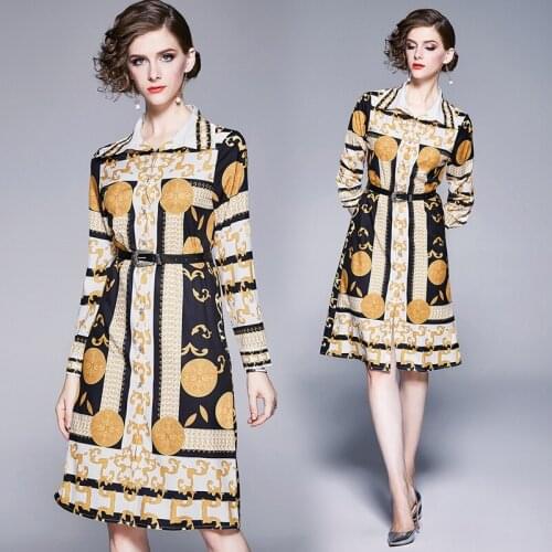 Spring Summer Fall Autumn Runway Vintage Floral Print Collar Belt Long Sleeve Women Lady Party Casual A-Line Midi Shirt Dress