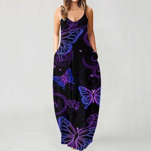 Hillsionly Plus Size Womens Butterfly Pattern Printed Sexy V-Neck Sleeveless Home Casual Dress Maxi Dress For Women 2021