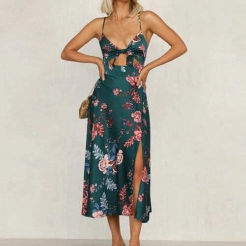 Hot Sexy Ladies Sling V Neck Dress Waist Tight Floral Print Chest Bow Spaghetti Straps Slit Hem Maxi Dresses for Women 2021