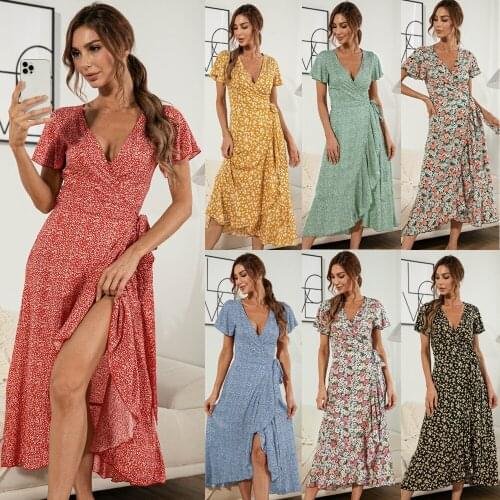 Women Dresses 2021 Sexy V-neck Floral Print Summer Boho Dress Womens Clothing Vintage Casual Beach Vacation Long Dress Vestido