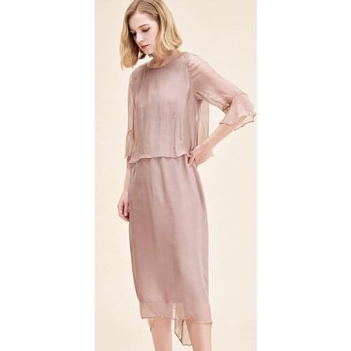 Summer 200% Casual Silk Elegant Midi Dresses for Women Office Lady Loose Dress Solid O-neck Vestidos D2006662 Pph428