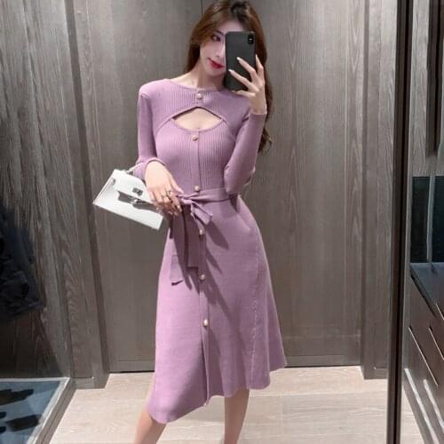 2021 Autumn Winter Knit Long Sleeve Sweater Dresses Women Casual Hollow Out High Waist Button Ladies Vintage Party Dress