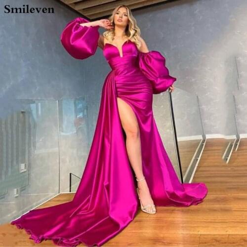 Smileven Hot Pink Big Puff Sleeve Formal Evening Dress Mermaid Long High Side Split Prom Dress Sexy Dubai Celebrity Gowns 2021