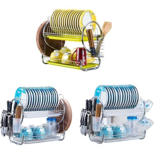1Set 2-Tier Kitchen Dish Cup Drying Rack Drainer Dryer Tray Cutlery Stainless Steel Bowl Holder Organizer Wrought Iron Sink Rack