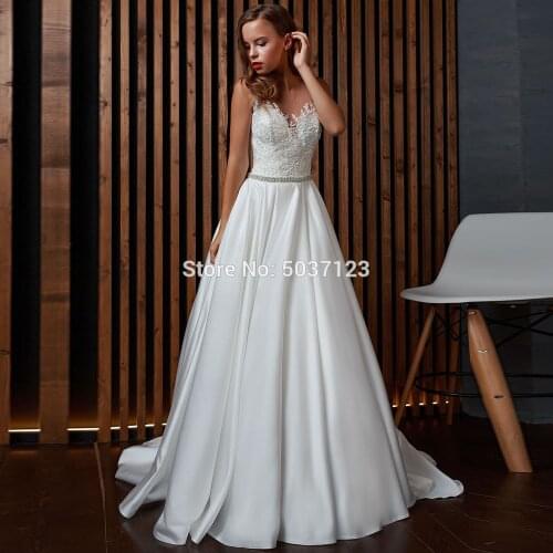 Elegant Satin A Line Wedding Dresses Beading Vestido De Noiva Elegant 2021 Sleeveless Lace Appliques Bridal Gowns robe de mariee