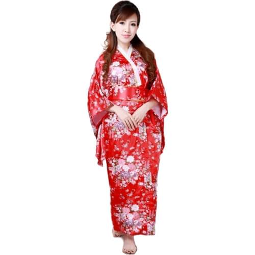 Free Shipping ! Red Japanese Womens Silk Satin Kimono Yukata Evening Dress Flower One Size H0044-C